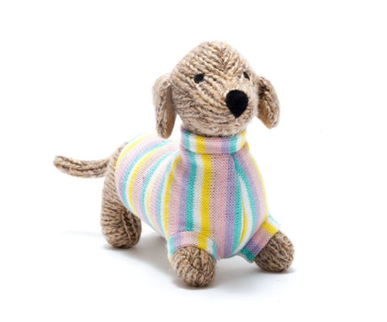 Best Years Knitted Sausage Dog Soft Toy with Pastel Stripped Jumper - Guzzgoggs