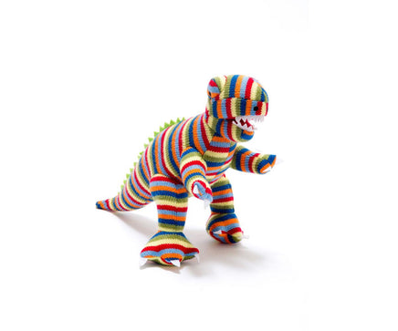Best Years Knitted T Rex Dinosaur Soft Toy (Rainbow Stripes) - Guzzgoggs