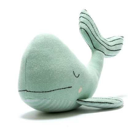 Best Years Sea Green Whale Plush Toy in Organic Cotton Knit, Closed Eye - Guzzgoggs
