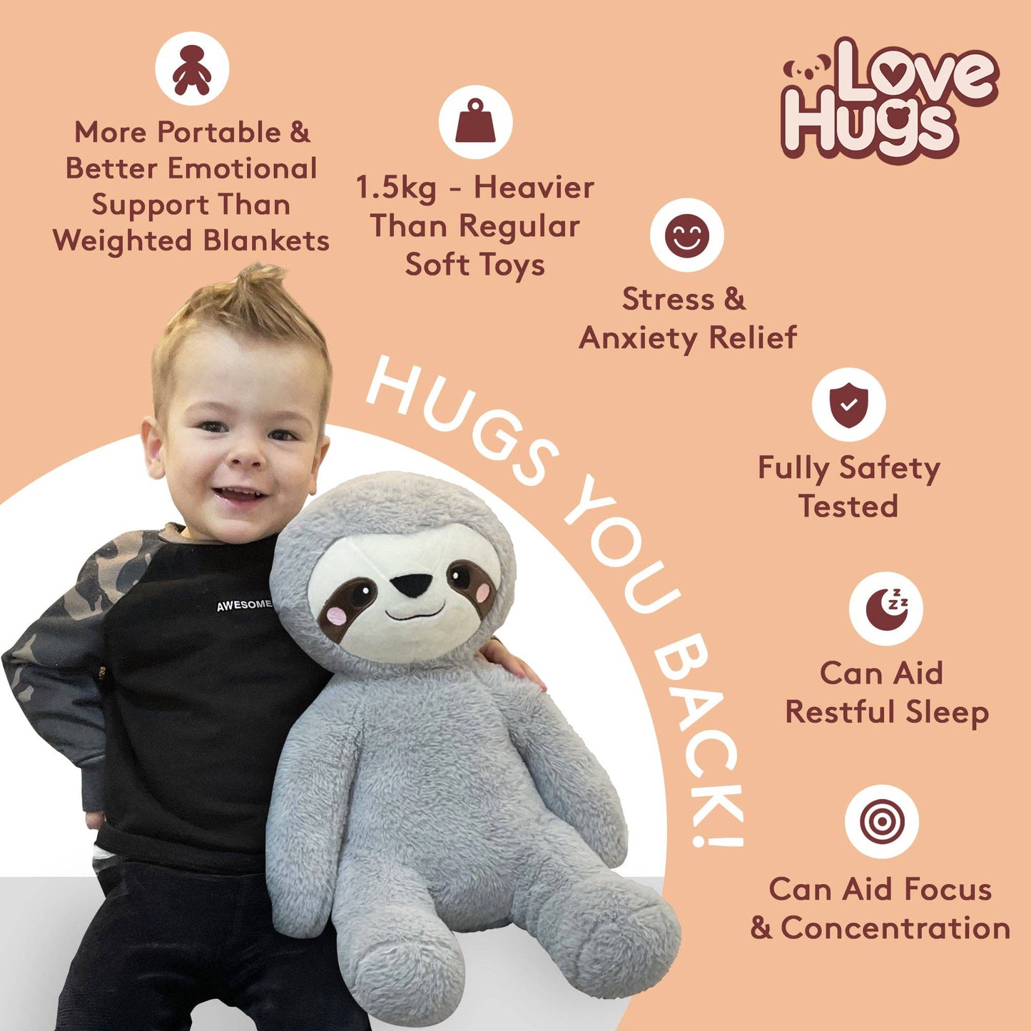 LoveHugs - 1.5kg Weighted Sloth Teddy For Anxiety - Guzzgoggs