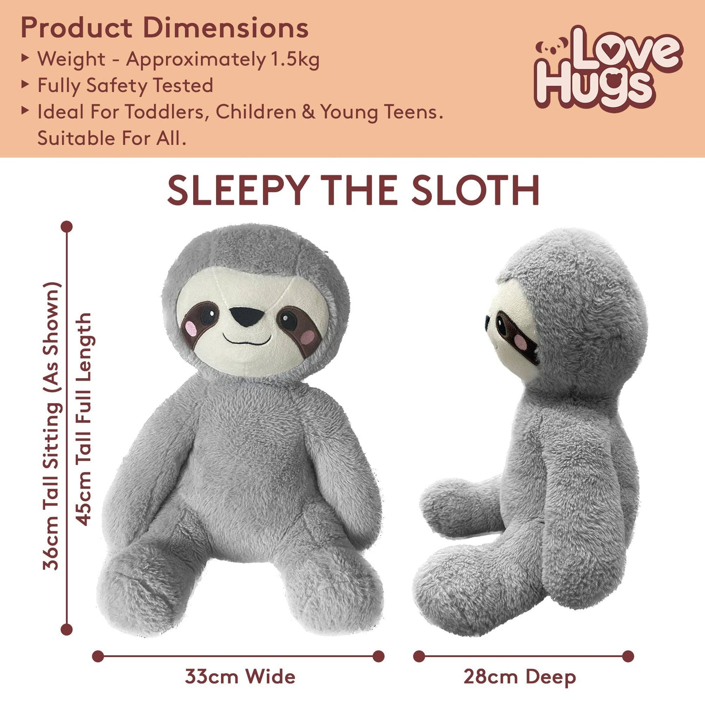 LoveHugs - 1.5kg Weighted Sloth Teddy For Anxiety - Guzzgoggs