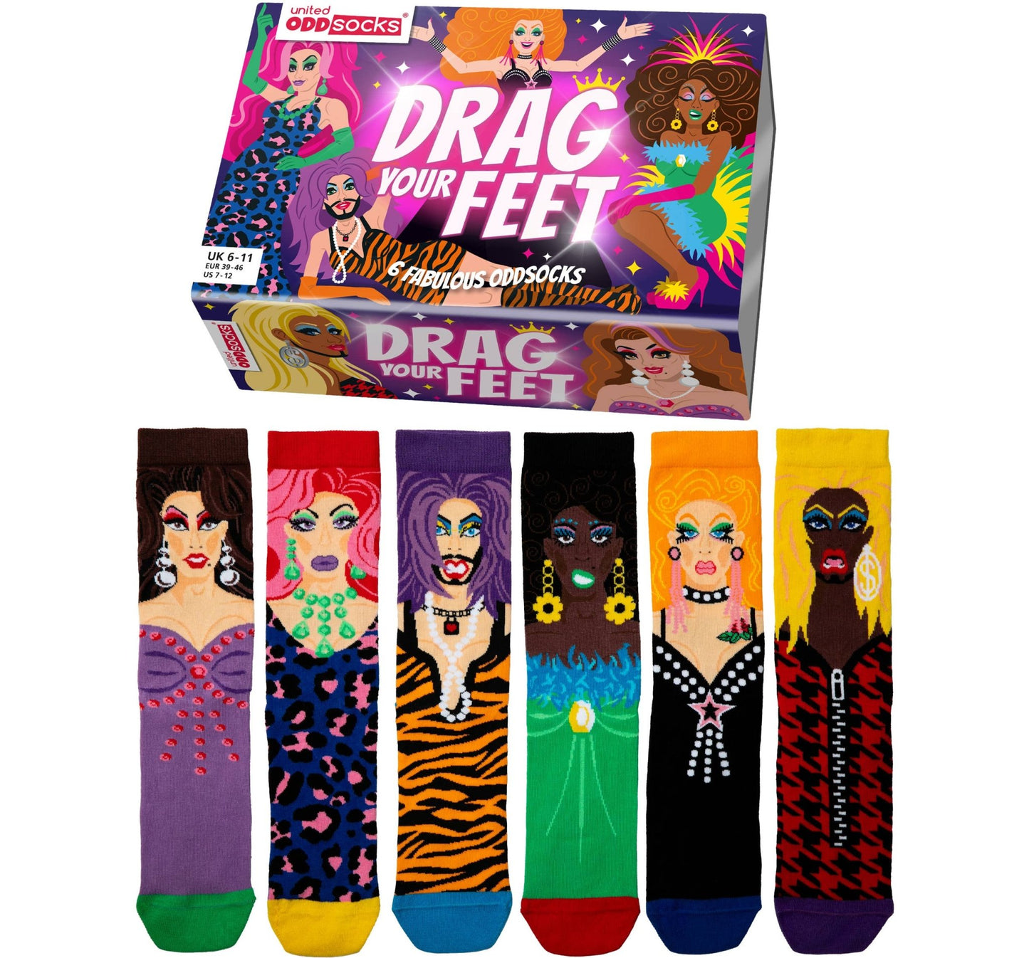 Sock Academy - DRAG YOUR FEET 6 Odd Socks Gift Box - United Oddsocks - UK 5 - 10 EUR 38 - 44 US 6 - 11 - Guzzgoggs