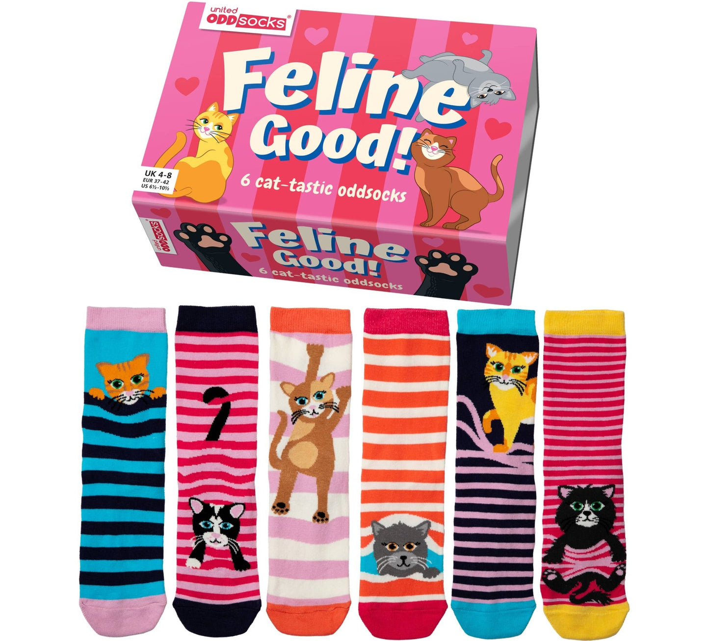 Sock Academy - FELINE GOOD! 6 Odd Socks Gift Box - United Oddsocks - UK 4 - 8 EUR 37 - 42 US 6.5 - 10.5 - Guzzgoggs
