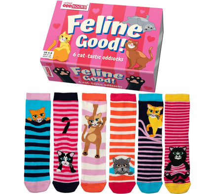 Sock Academy - FELINE GOOD! 6 Odd Socks Gift Box - United Oddsocks - UK 4 - 8 EUR 37 - 42 US 6.5 - 10.5 - Guzzgoggs