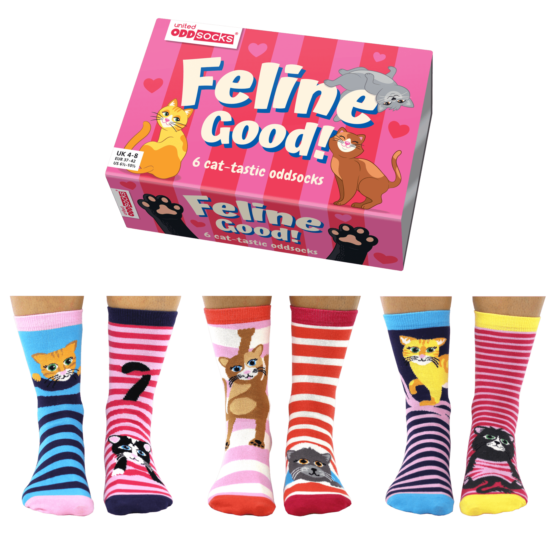 Sock Academy - FELINE GOOD! 6 Odd Socks Gift Box - United Oddsocks - UK 4 - 8 EUR 37 - 42 US 6.5 - 10.5 - Guzzgoggs