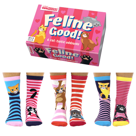 Sock Academy - FELINE GOOD! 6 Odd Socks Gift Box - United Oddsocks - UK 4 - 8 EUR 37 - 42 US 6.5 - 10.5 - Guzzgoggs