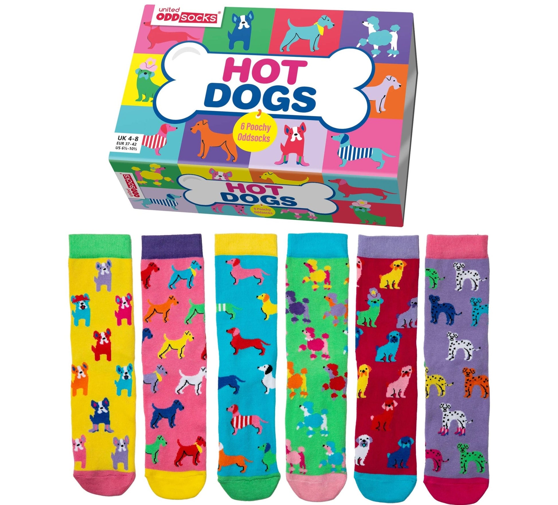 Sock Academy - HOT DOGS 6 Odd Socks Gift Box - United Oddsocks - UK 4 - 8 EUR 37 - 42 US 6.5 - 10.5 - Guzzgoggs
