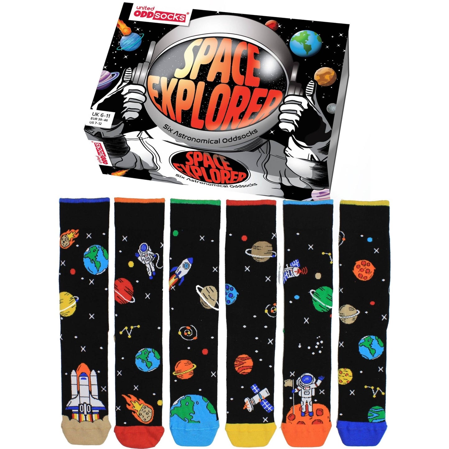 Sock Academy - SPACE EXPLORER 6 - 11 - 6 Odd Socks Gift Box United Oddsocks - UK 6 - 11, EUR 39 - 46, US 7 - 12 - Guzzgoggs