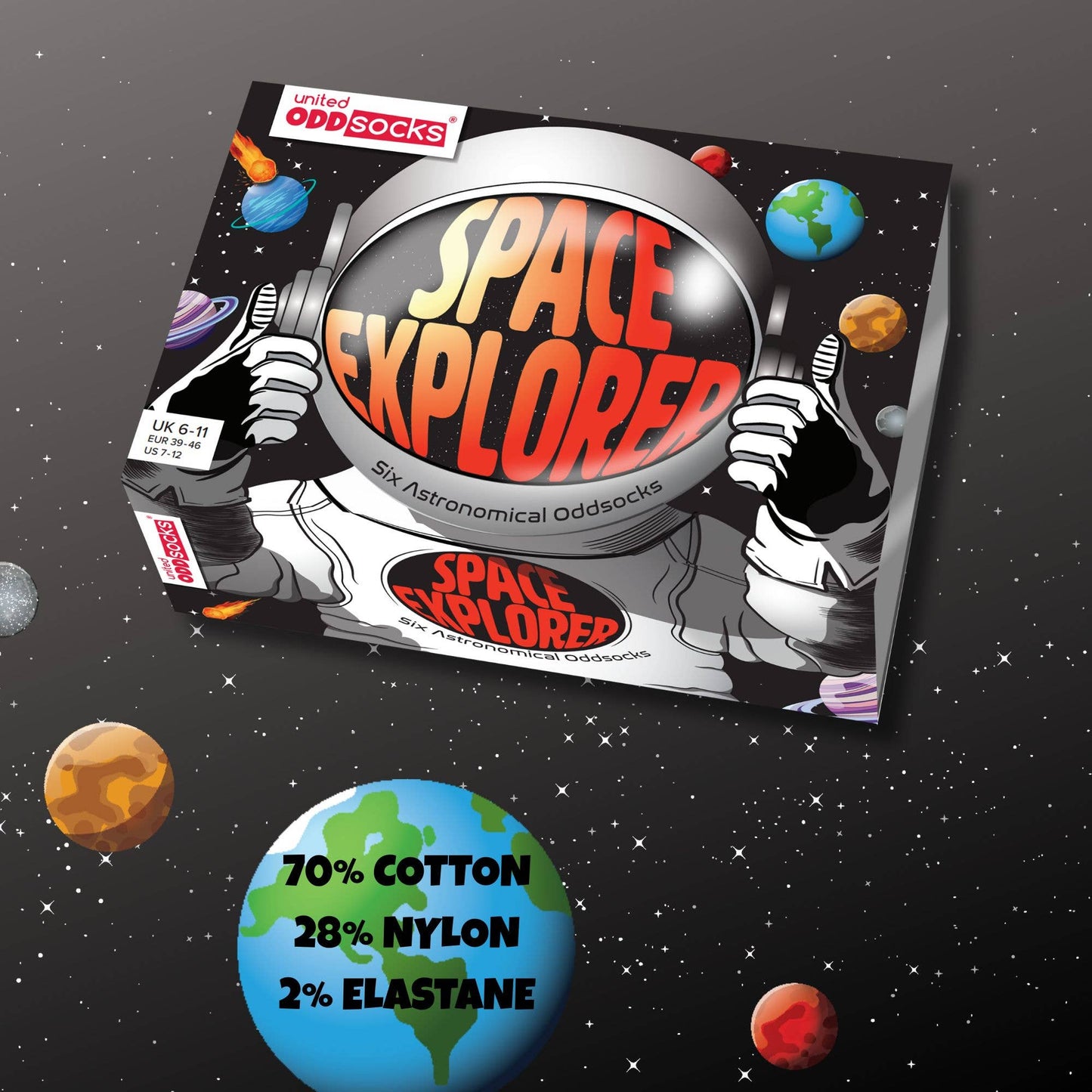 Sock Academy - SPACE EXPLORER 6 - 11 - 6 Odd Socks Gift Box United Oddsocks - UK 6 - 11, EUR 39 - 46, US 7 - 12 - Guzzgoggs