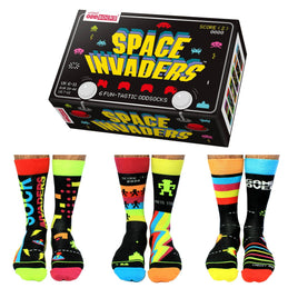 Sock Academy - SPACE INVADERS 6 Odd Socks Gift Box - United Oddsocks - UK 6 - 11 EUR 39 - 46 US 7 - 12 - Guzzgoggs