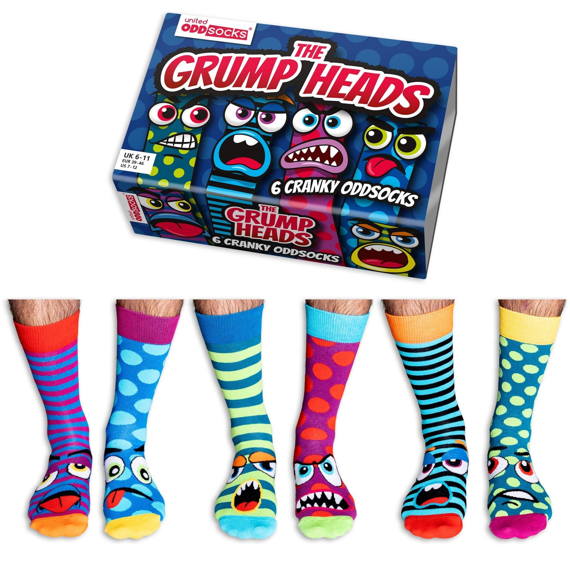 Sock Academy - THE GRUMP HEADS 6 Odd Socks Gift Box - United Oddsocks - UK 6 - 11 EUR 39 - 46 US 7 - 12 - Guzzgoggs