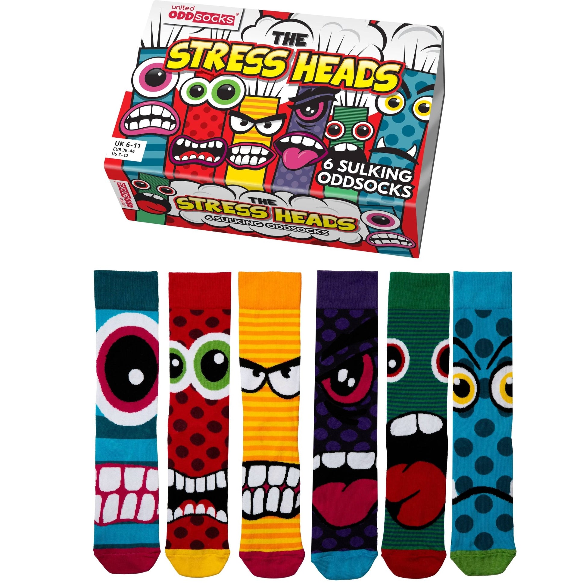 Sock Academy - THE STRESS HEADS 6 Odd Socks Gift Box - United Oddsocks - UK 6 - 11 EUR 39 - 46 US 7 - 12 - Guzzgoggs