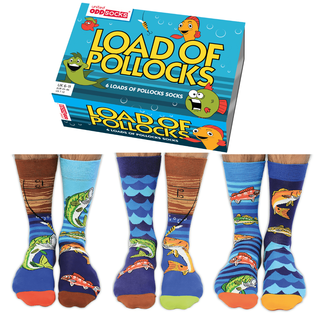 Sock Academy - UNITED ODDSOCKS GIFT BOX - LOAD OF POLLOCKS - 6 ODD SOCKS - UK 6 - 11 EUR 39 - 46 US 7 - 12 - Guzzgoggs