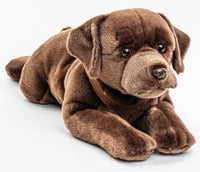 Uni Toys - Labrador, lying down, 65cm long with harness (Chocolate Brown) - cuddly/plush - Guzzgoggs